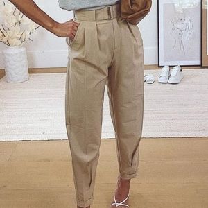 BERSHKA - BELTED HIGH WAISTED SLOUCHY BALOON TROUSER PANTS - BEIGE/TAN